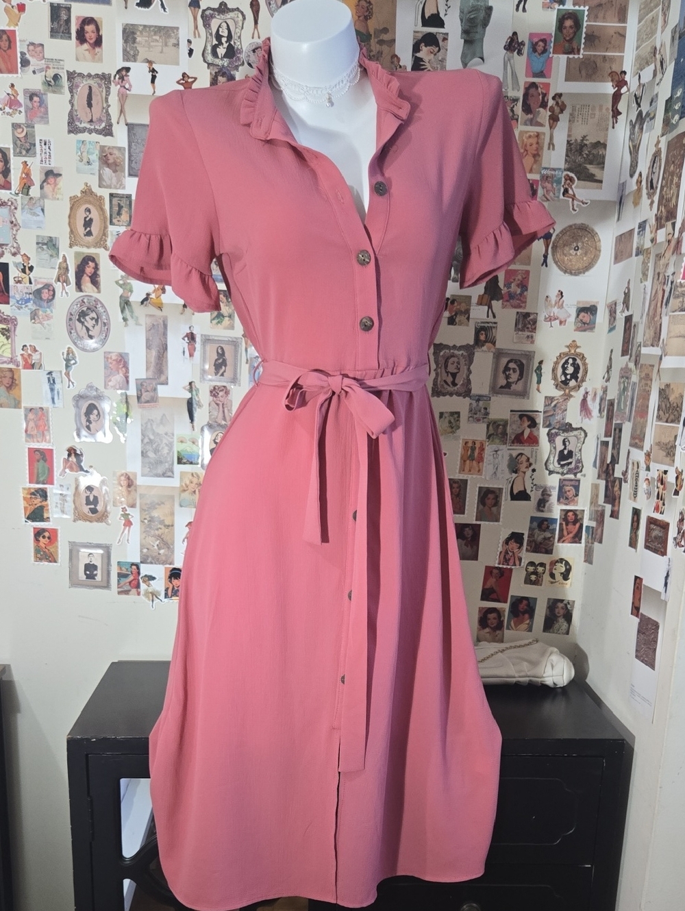 Women’s Ruffle Collar Button-Down Midi Dress in Dusty Rose